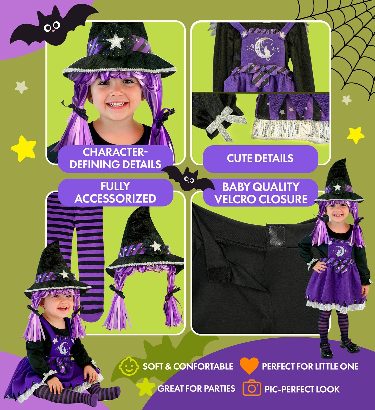 A playful infographic highlighting the details of the toddler witch costume, pointing out the character-defining hat, fully accessorized striped tights, cute silver bow details, and a baby-quality velcro closure.