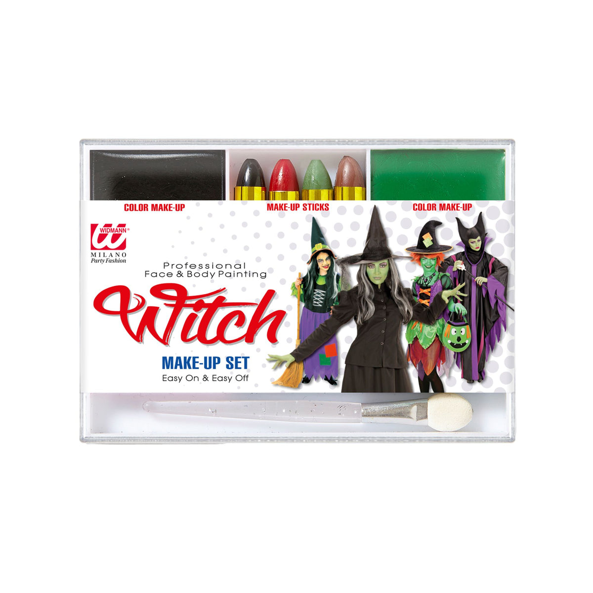 Product packaging for the Milano Party Fashion Witch Makeup Set, showing the makeup tray with black and green colors, four makeup sticks, a sponge applicator, and photos of adults and children dressed in various witch and dark fairy costumes.