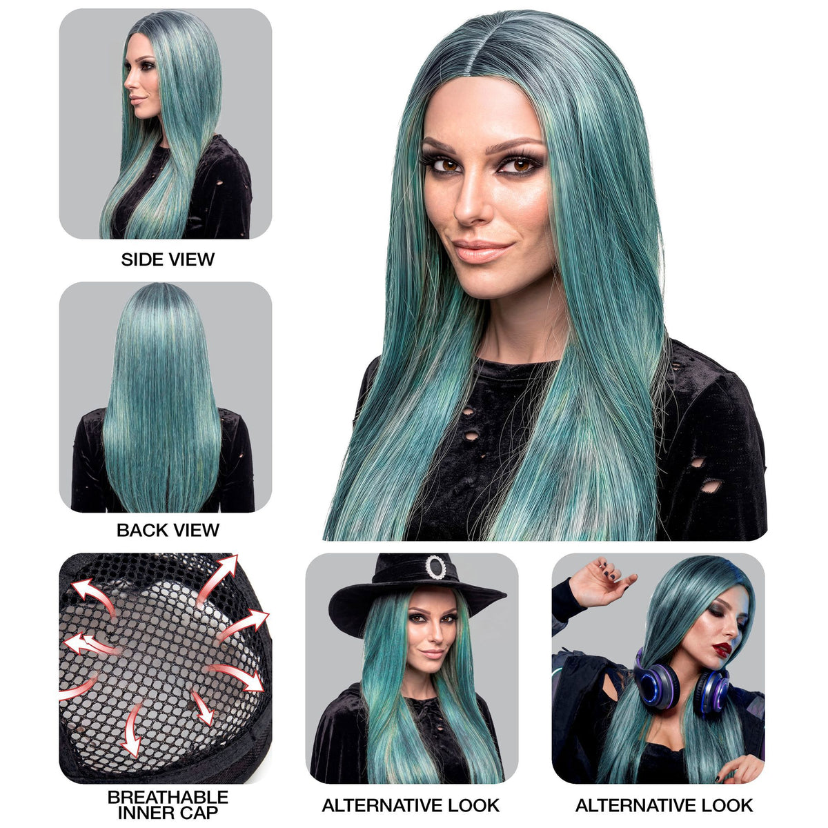 A collage of the long teal wig showcasing the front, side, and back views, along with a diagram showing the breathable mesh inner cap, and alternative styling options including a gamer look with headphones.