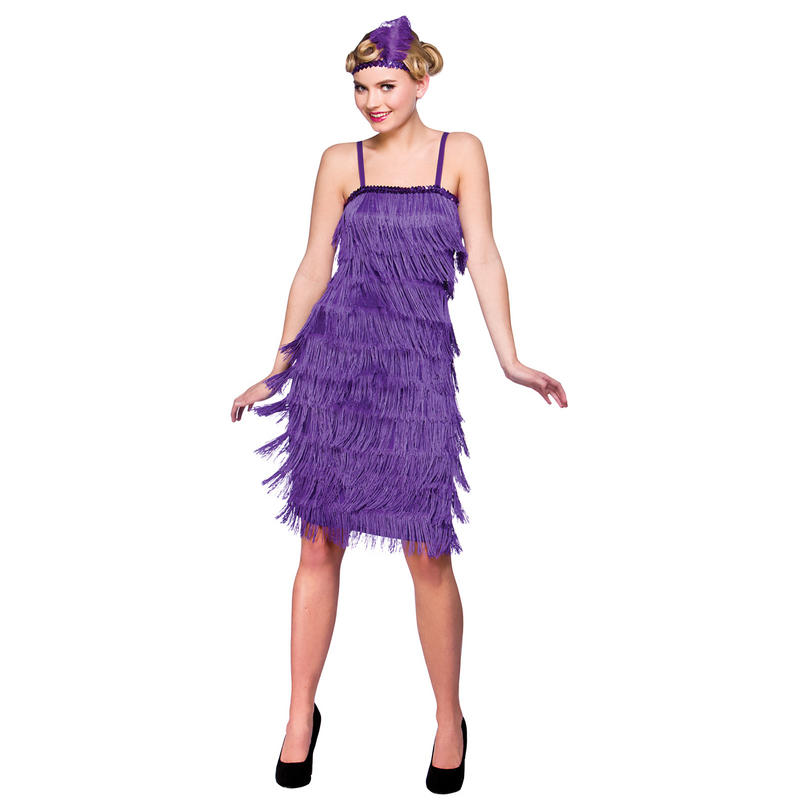 Graceful pose in a purple flapper girl costume highlighting the rows of swaying fringe and sequin headpiece.