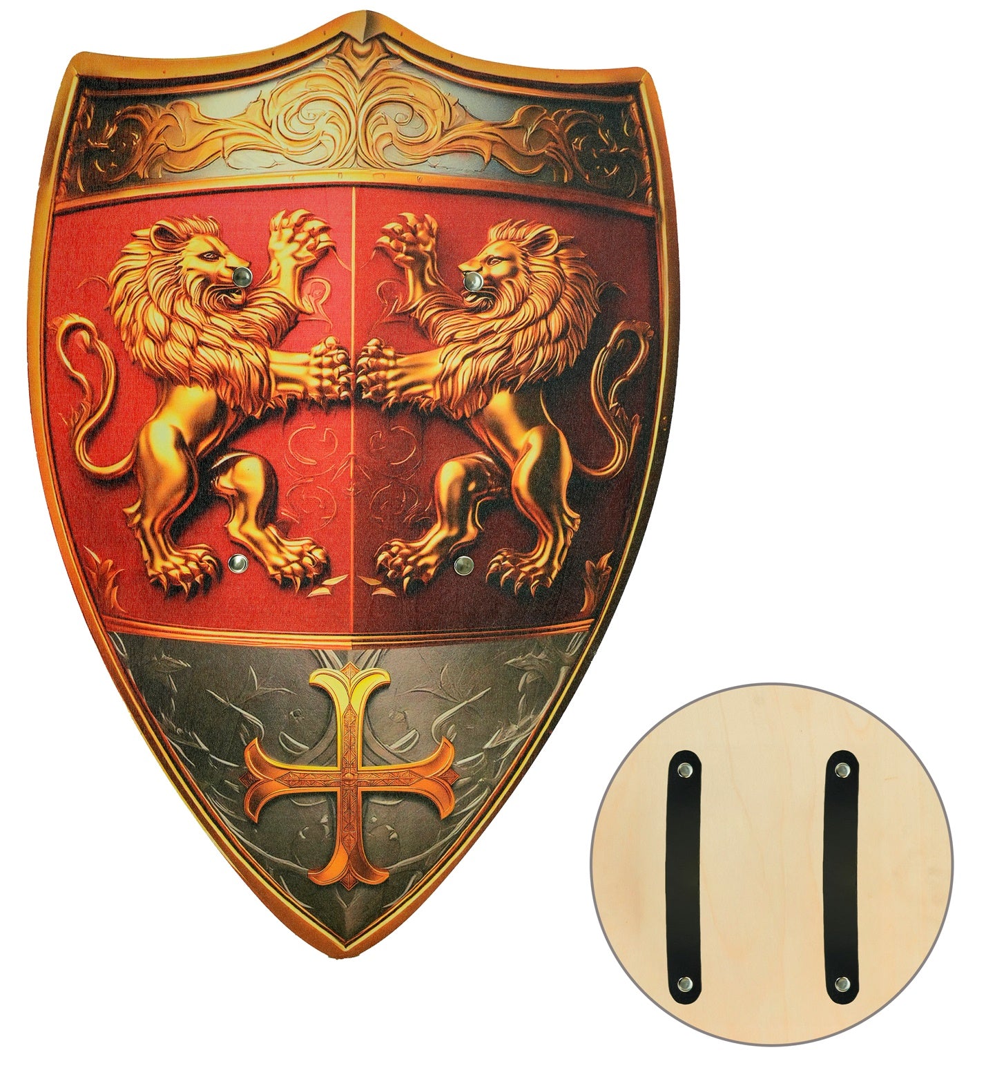 A detailed graphic of a 50x32 cm wooden toy shield showing the front with a red and gold twin lion crest, and the back featuring a natural wood finish with two black leather-look arm straps.