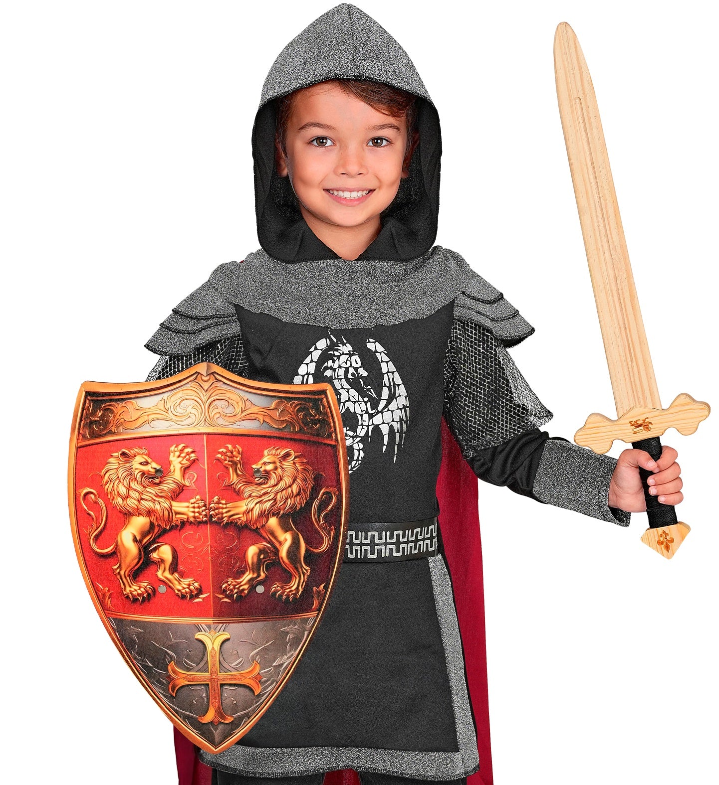 A model dressed in a medieval knight fancy dress costume holding a wooden toy sword and a red and gold wooden Lionheart shield.