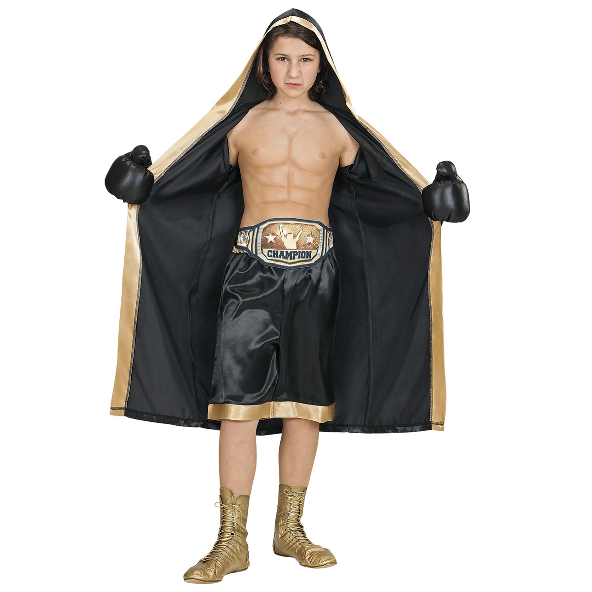 Child in World Boxing Champion costume showing full-length robe fit with hood and gold trim details