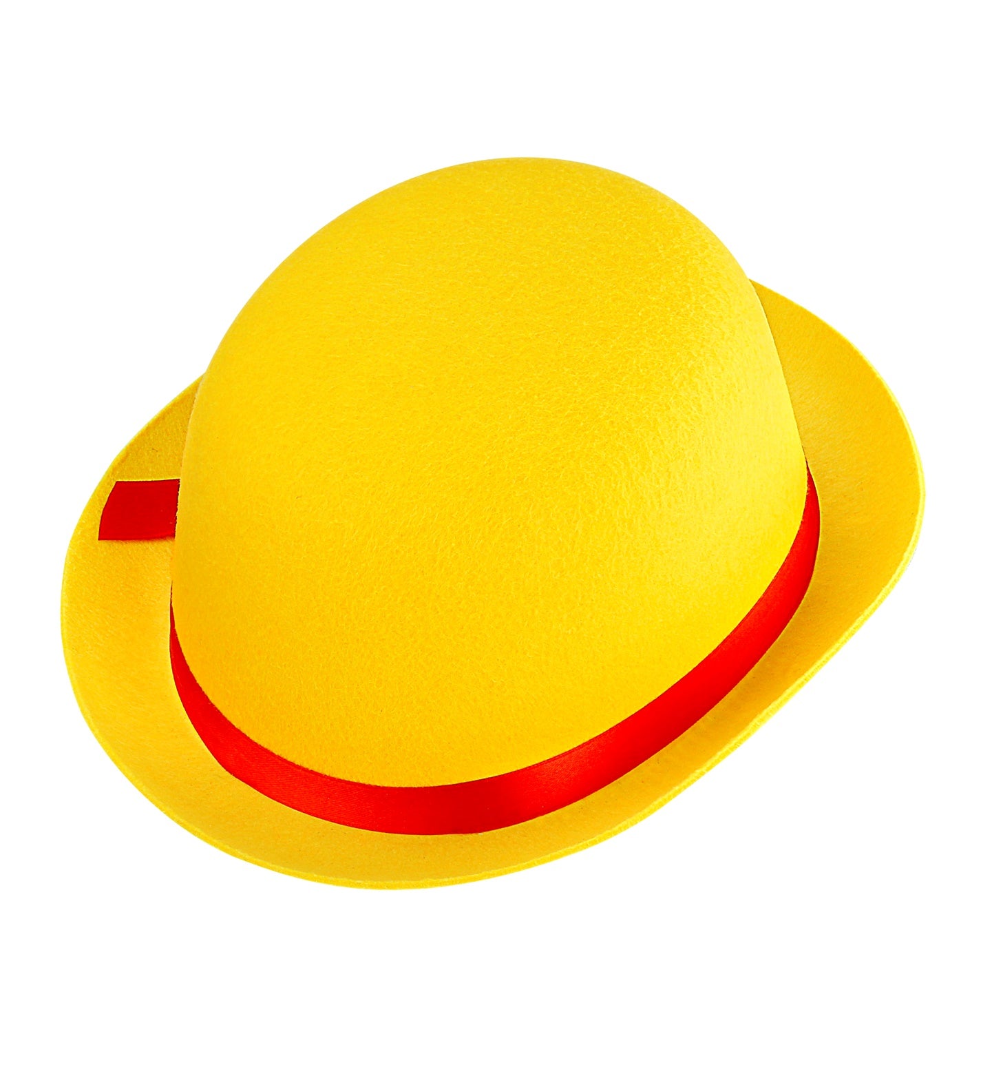 Detailed view of a yellow felt bowler hat for children highlighting the red ribbon accent.