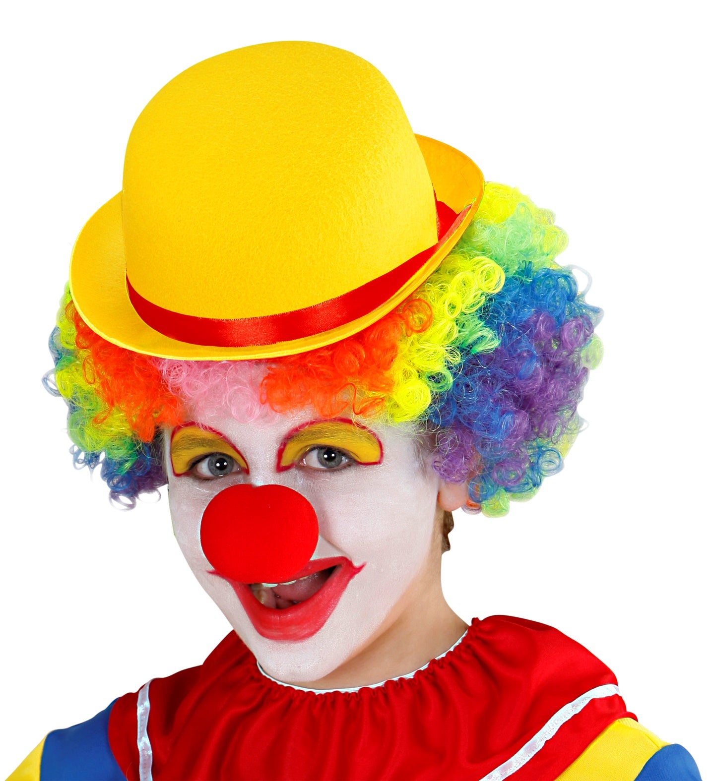 Child in full clown costume and rainbow wig wearing a yellow felt bowler hat.