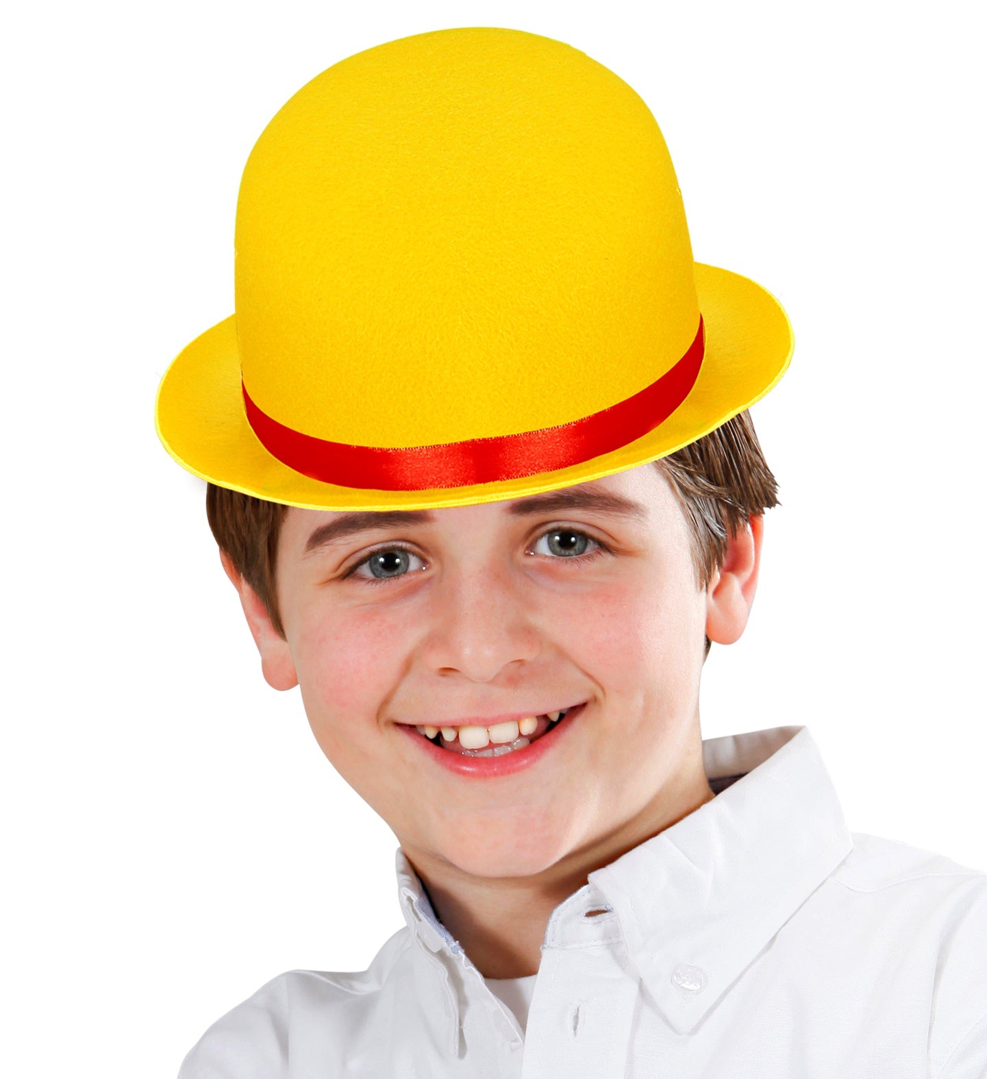 Happy child wearing a bright yellow felt bowler hat with a red satin ribbon band.