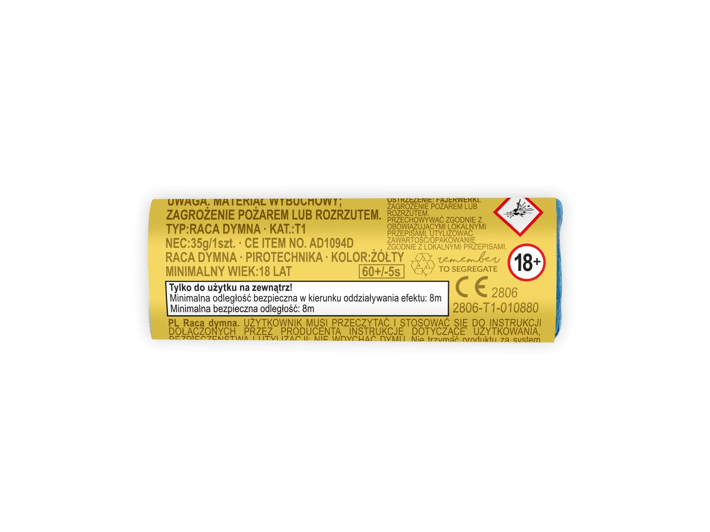 Back view of a yellow smoke bomb showing CE marking, T1 theatrical classification, and 18+ age restriction warnings in multiple languages.