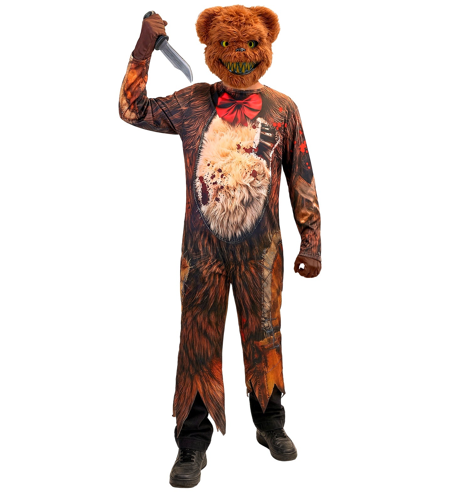 A child in a Halloween zombie bear costume raising a fake toy knife prop, wearing a furry killer bear mask and a printed jumpsuit with bloody details.