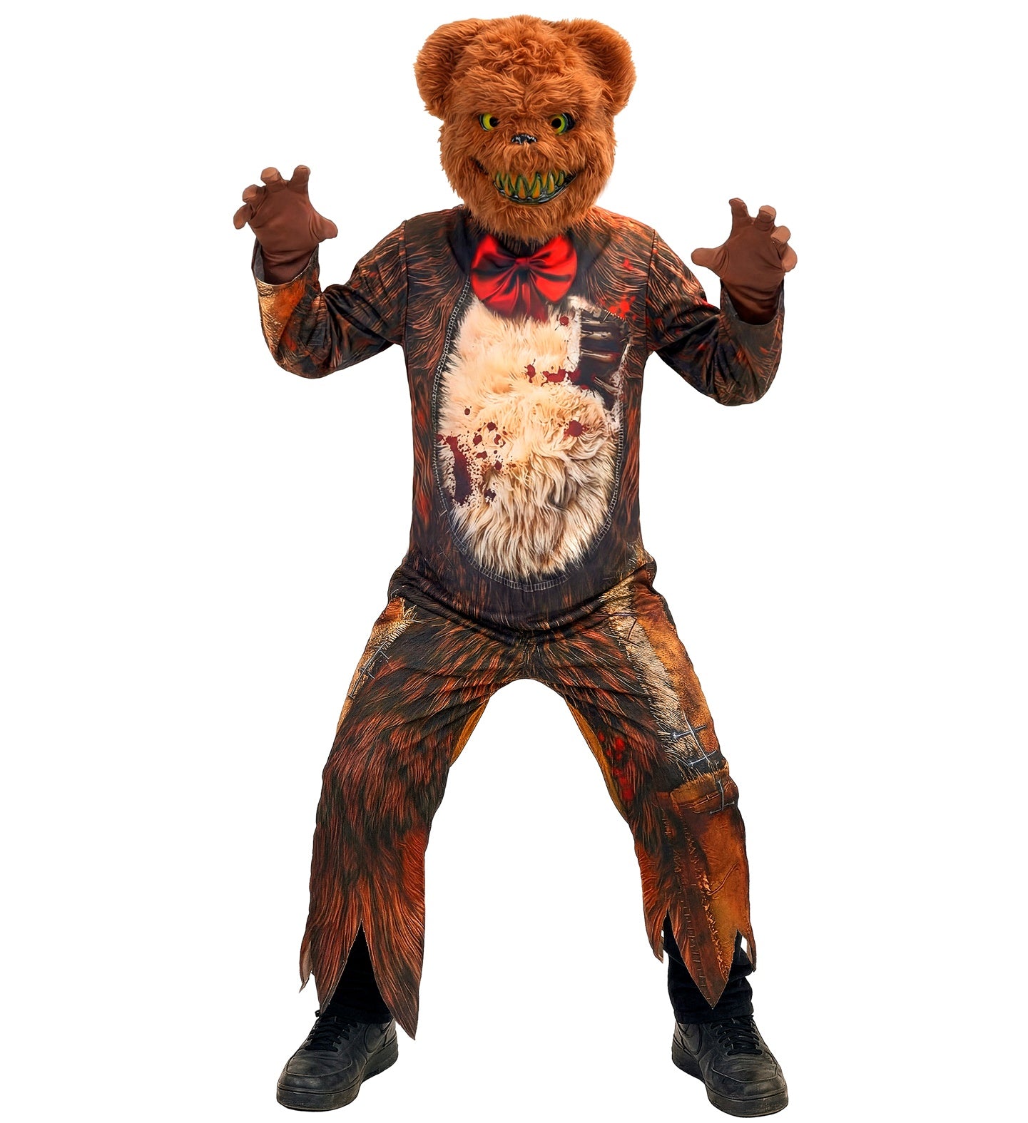 A child modeling a scary kids zombie bear costume, posing with hands raised like claws, wearing a printed jumpsuit with exposed fake ribs and a terrifying furry bear mask.