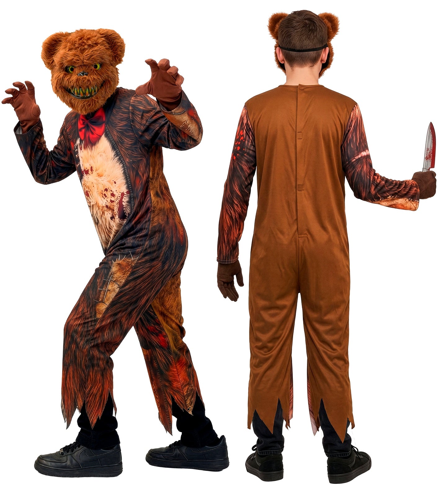Two angles of a child wearing a scary Halloween zombie bear fancy dress costume, showing the printed gory jumpsuit from the front holding a toy knife, and the plain brown back with back closures.