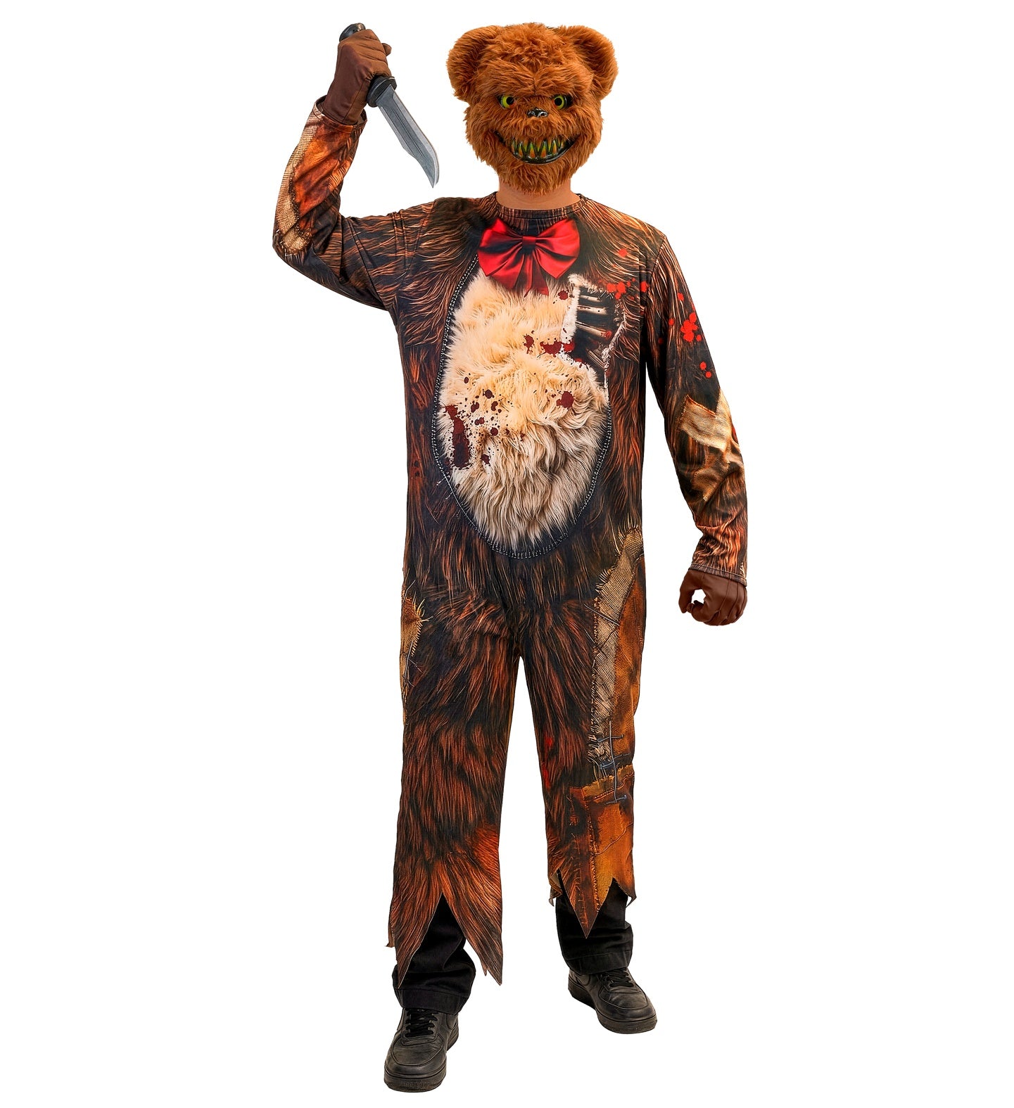 A man in a Halloween zombie bear costume raising a fake bloody knife prop, wearing a furry killer bear mask and a printed jumpsuit with bloody details.
