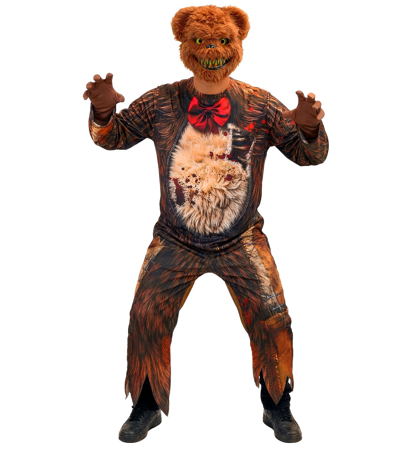 A man modeling a scary men's zombie bear costume, posing with his hands raised like claws, wearing a printed jumpsuit with exposed fake ribs and a terrifying furry bear mask.
