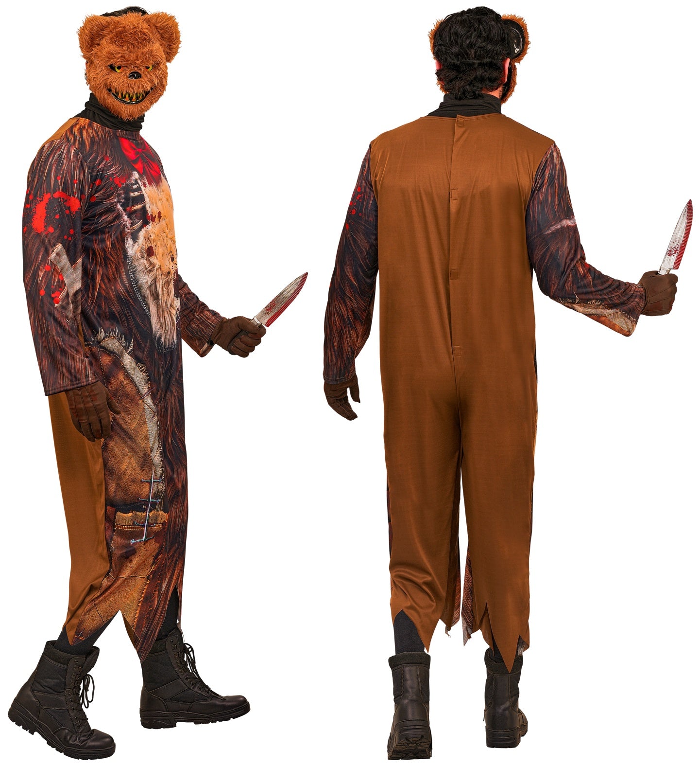 Two angles of a man wearing a scary Halloween zombie bear fancy dress costume, showing the printed gory jumpsuit from the front with a bloody knife prop, and the plain brown back with back closures.