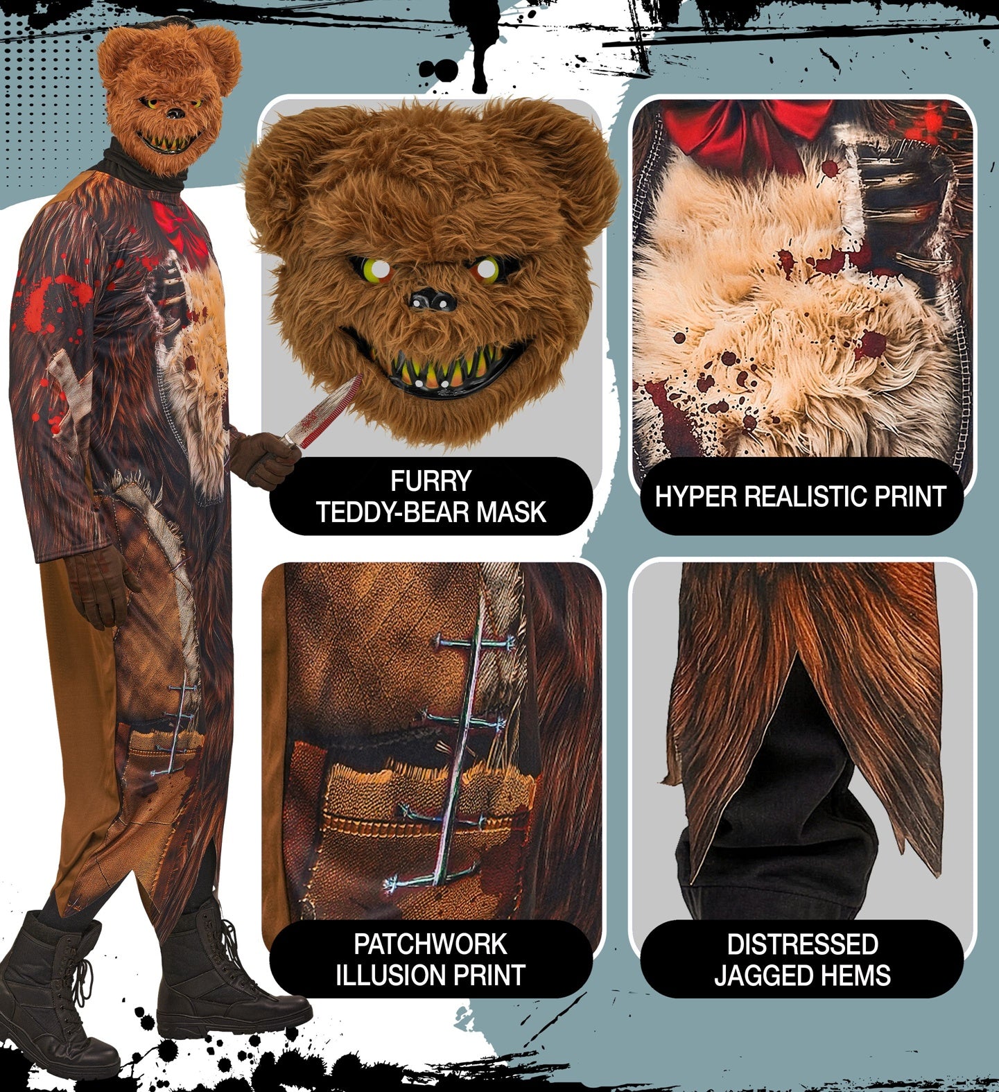 A detailed infographic highlighting the features of the Men's Zombie Bear Costume, showing the furry teddy-bear mask with sharp teeth, the hyper-realistic bloody fur print, the patchwork illusion details, and the distressed jagged hems.