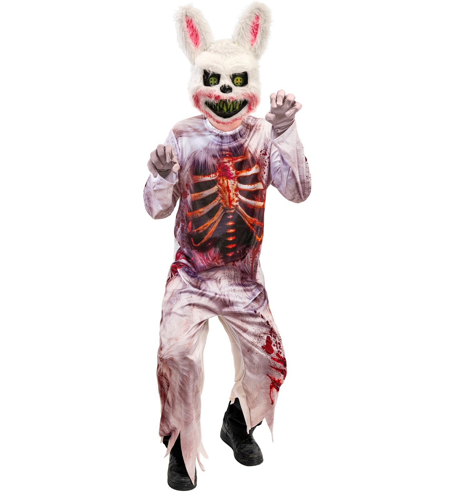 A youth in a scary zombie bunny costume leaning forward in a dramatic monster pose, highlighting the realistic blood splatters and printed claw marks across the leg.