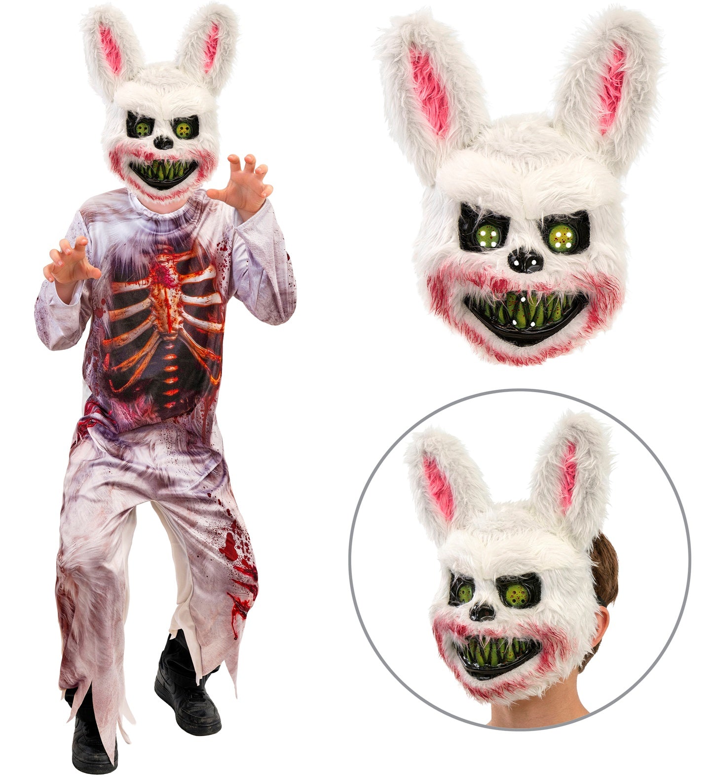 A model wearing a kids' zombie bunny costume, with an inset circle photo showing a close-up profile of the furry white half-mask featuring a bloody mouth and an elastic head strap.