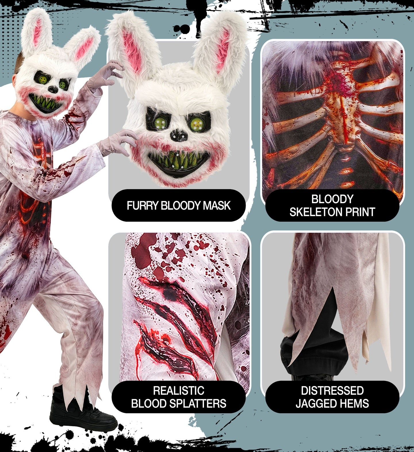 A multi-panel collage highlighting the scary details of a kids' zombie bunny fancy dress costume, showing close-ups of the furry bloody mask, the printed skeleton ribcage chest, realistic blood splatters on the legs, and distressed jagged ankle hems.
