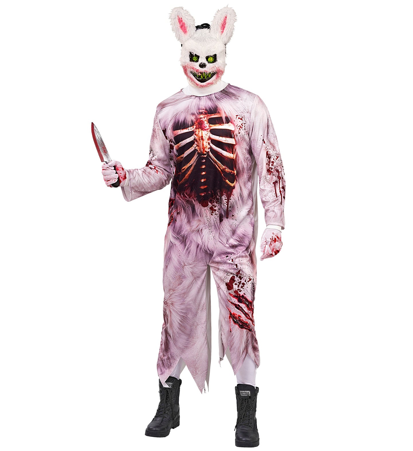 A man posing menacingly in a gory zombie rabbit fancy dress costume, wearing a bloody furry bunny mask with sharp teeth and holding a fake bloody knife.