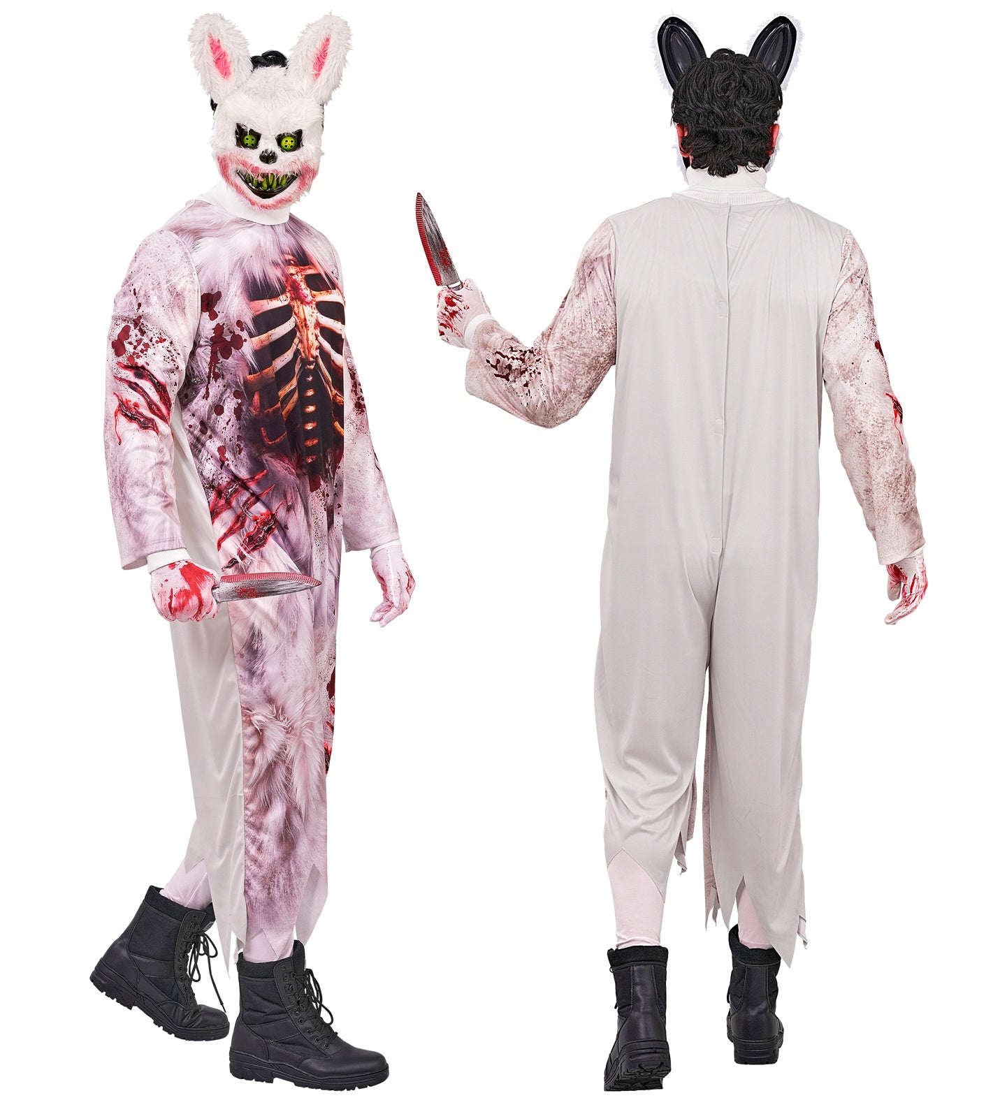 Side and back view of a model wearing a terrifying zombie bunny costume, with an inset circle photo showing a close-up profile of the furry white half-mask featuring a bloody mouth, jagged teeth, and an elastic head strap