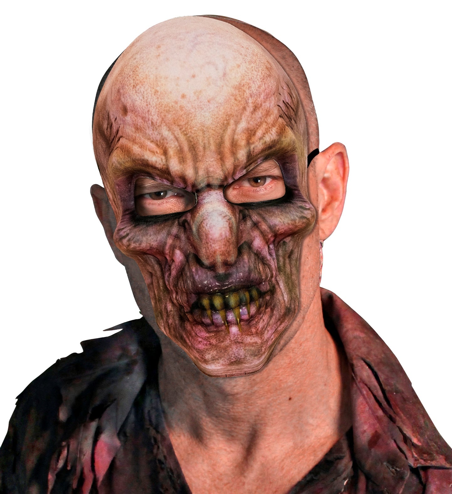 A model wearing a terrifying zombie fabric mask with rotting teeth and decaying skin, looking menacing while wearing a dark, distressed zombie costume shirt.