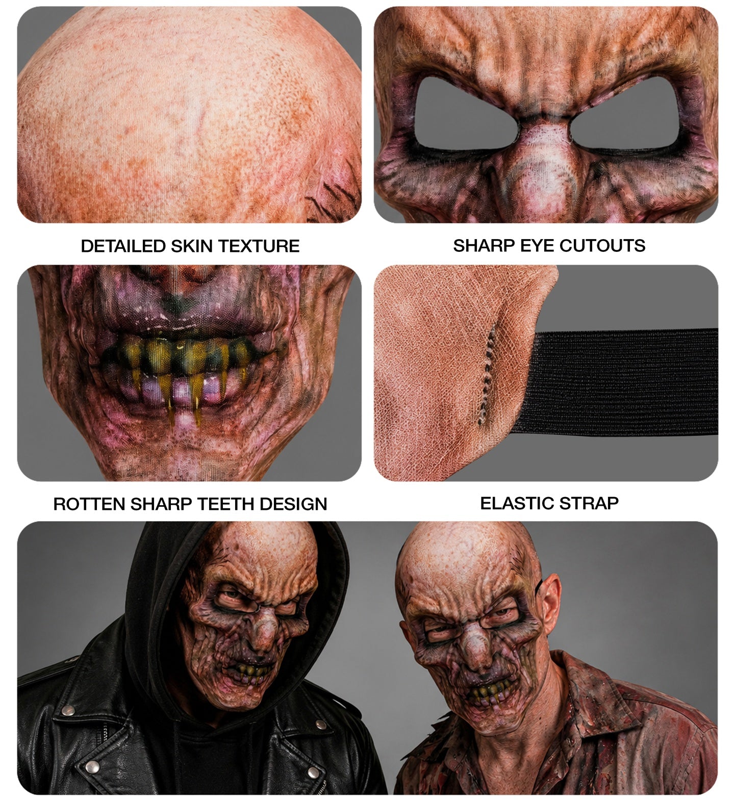 A multi-panel collage highlighting the details of a printed zombie fabric mask, showing close-ups of the detailed bald skin texture, sharp eye cutouts, rotten sharp teeth design, and the black elastic strap.
