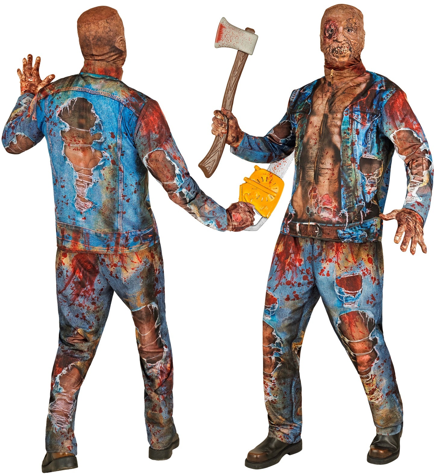A collage of a man in the full zombie costume holding a prop axe and chainsaw, with a back view also shown.