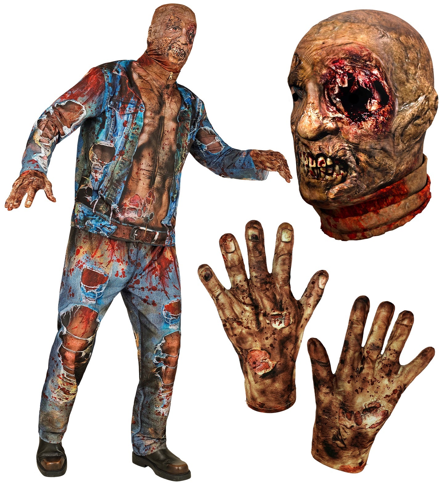 A collage showing the full adult zombie costume and its included parts: a gruesome fabric zombie mask and a pair of matching gory gloves.