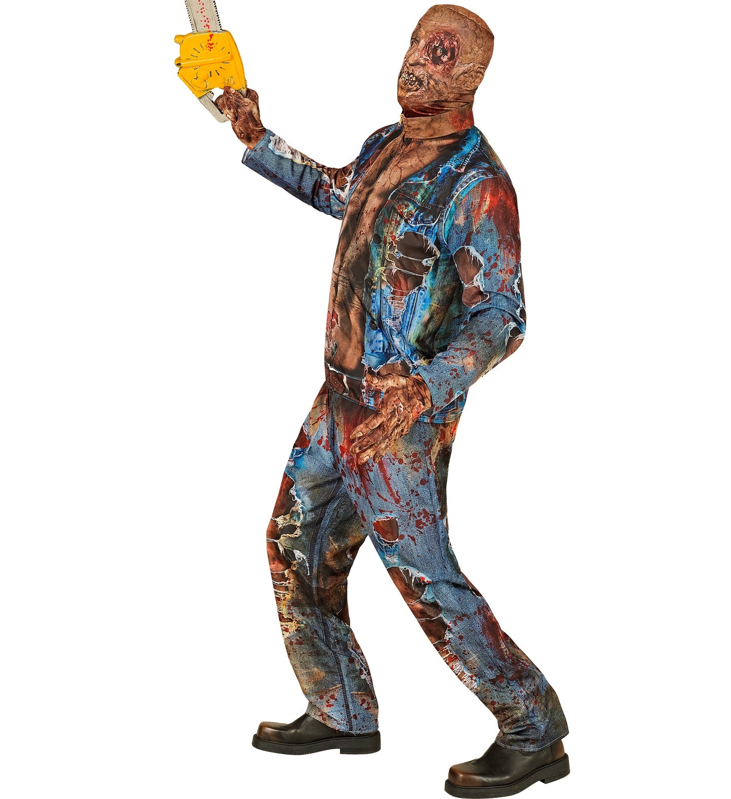 A man in a zombie costume with a photorealistic gory print, raising a prop chainsaw in a menacing pose.