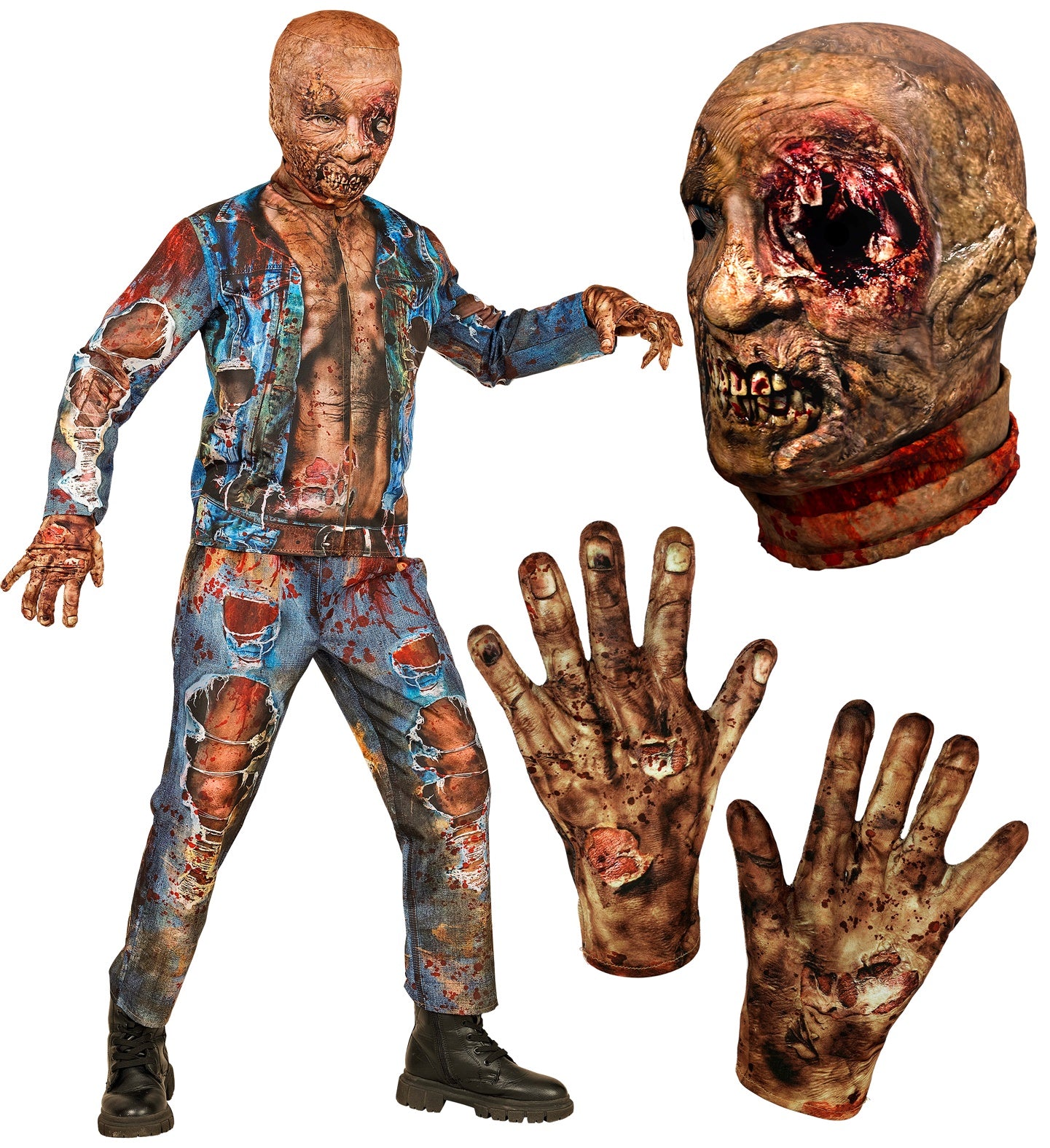 A collage of the child's zombie costume, with close-ups of the gruesome full-head fabric mask and the matching gory gloves.