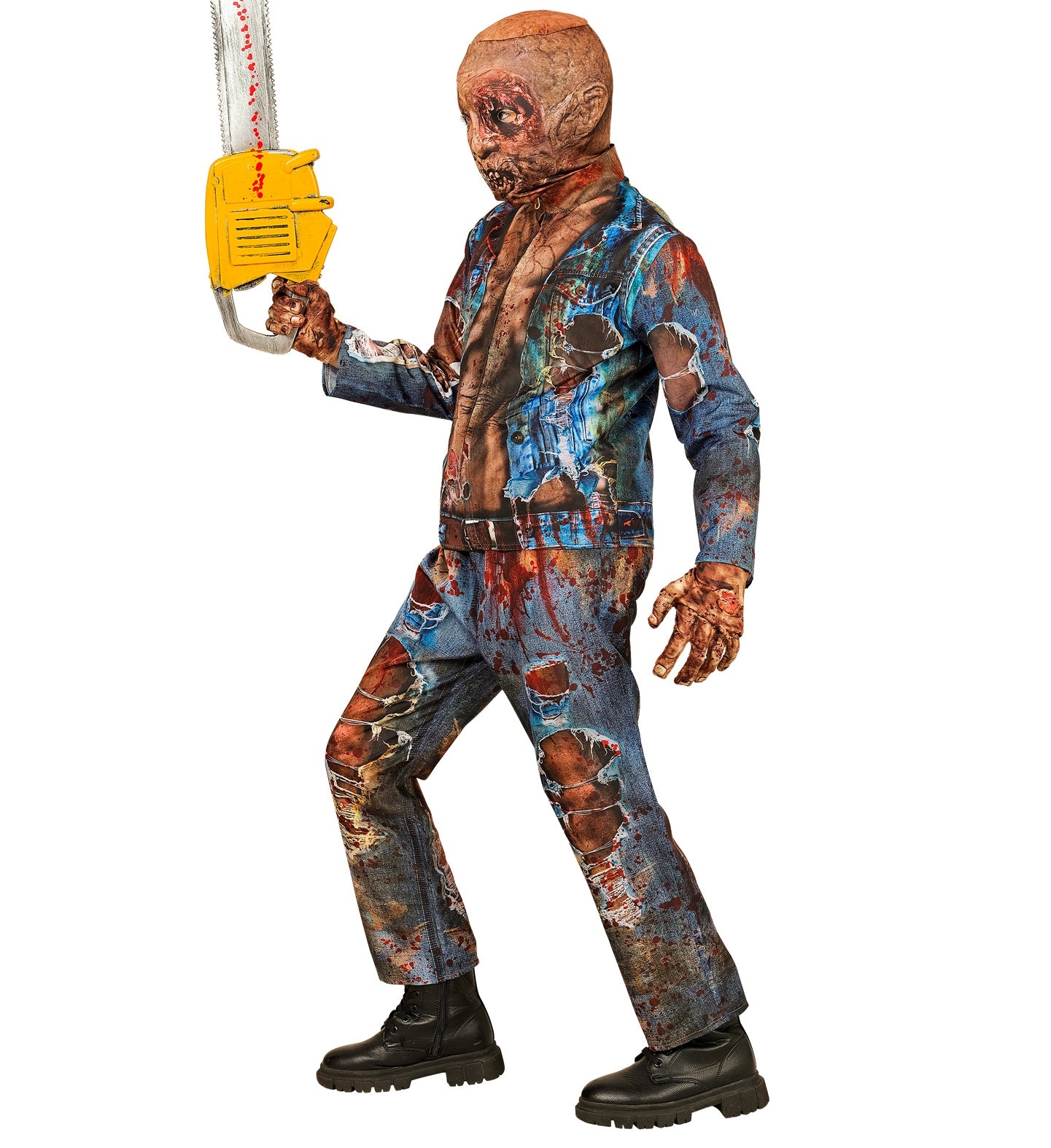 A child in the full zombie costume with a photorealistic gory print, holding a prop chainsaw in a menacing pose.