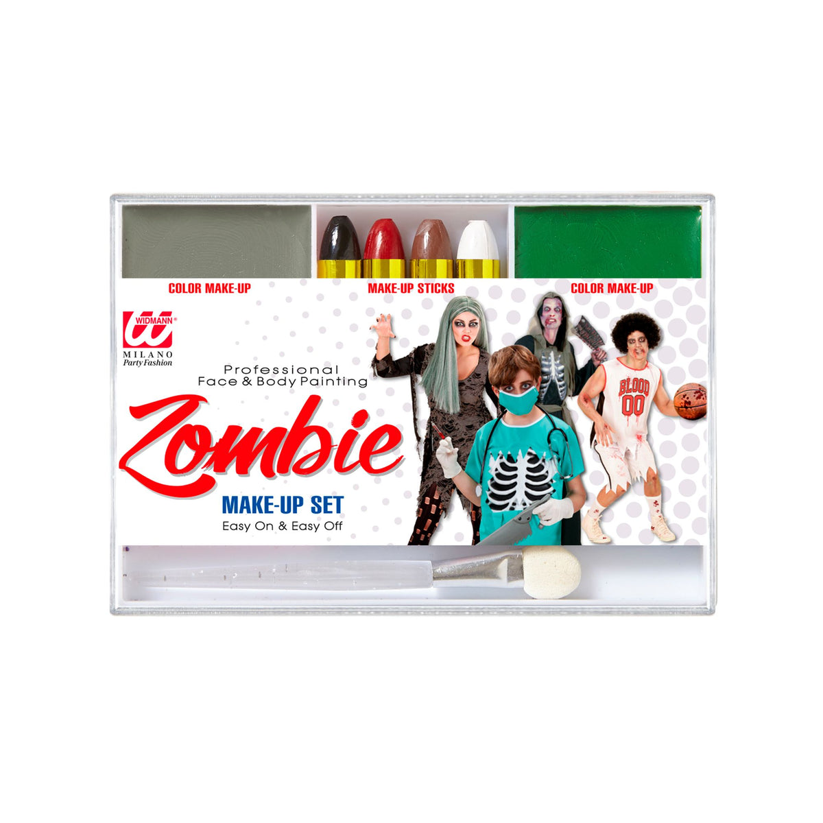 Product packaging for the Milano Party Fashion Zombie Makeup Set, showing the makeup tray with grey and green colors, four makeup sticks, a sponge applicator, and photos of models dressed as various zombies.