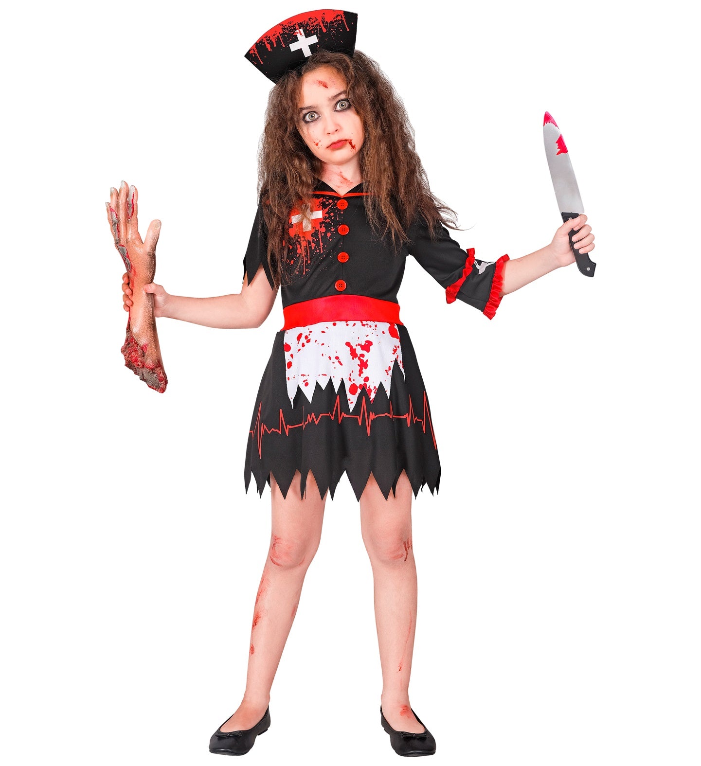 A child in a black and red zombie nurse costume, holding a toy knife and a fake severed arm, with zombie-style makeup on her face.