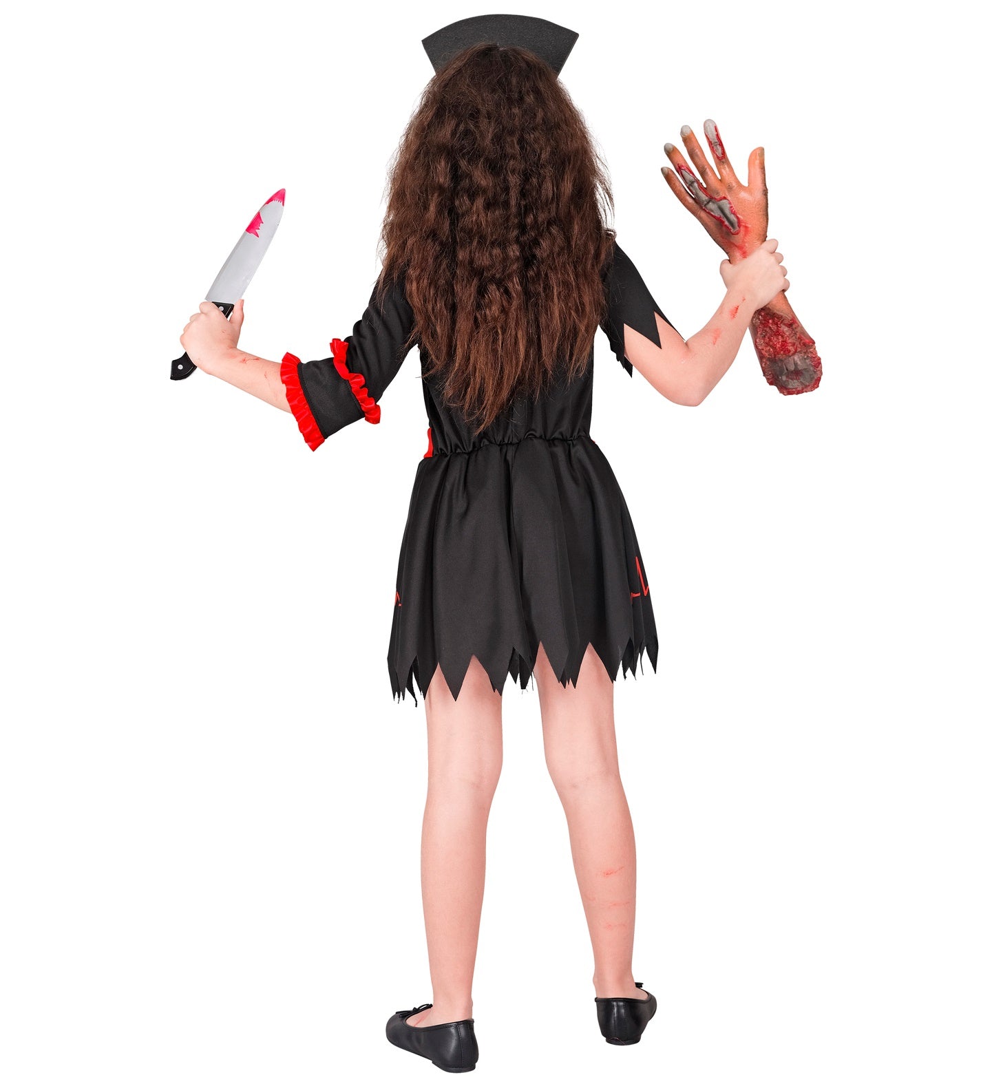 A back view of a child in a black and red zombie nurse costume, showing the jagged hemline of the dress, and she's holding a toy knife and a fake severed arm.