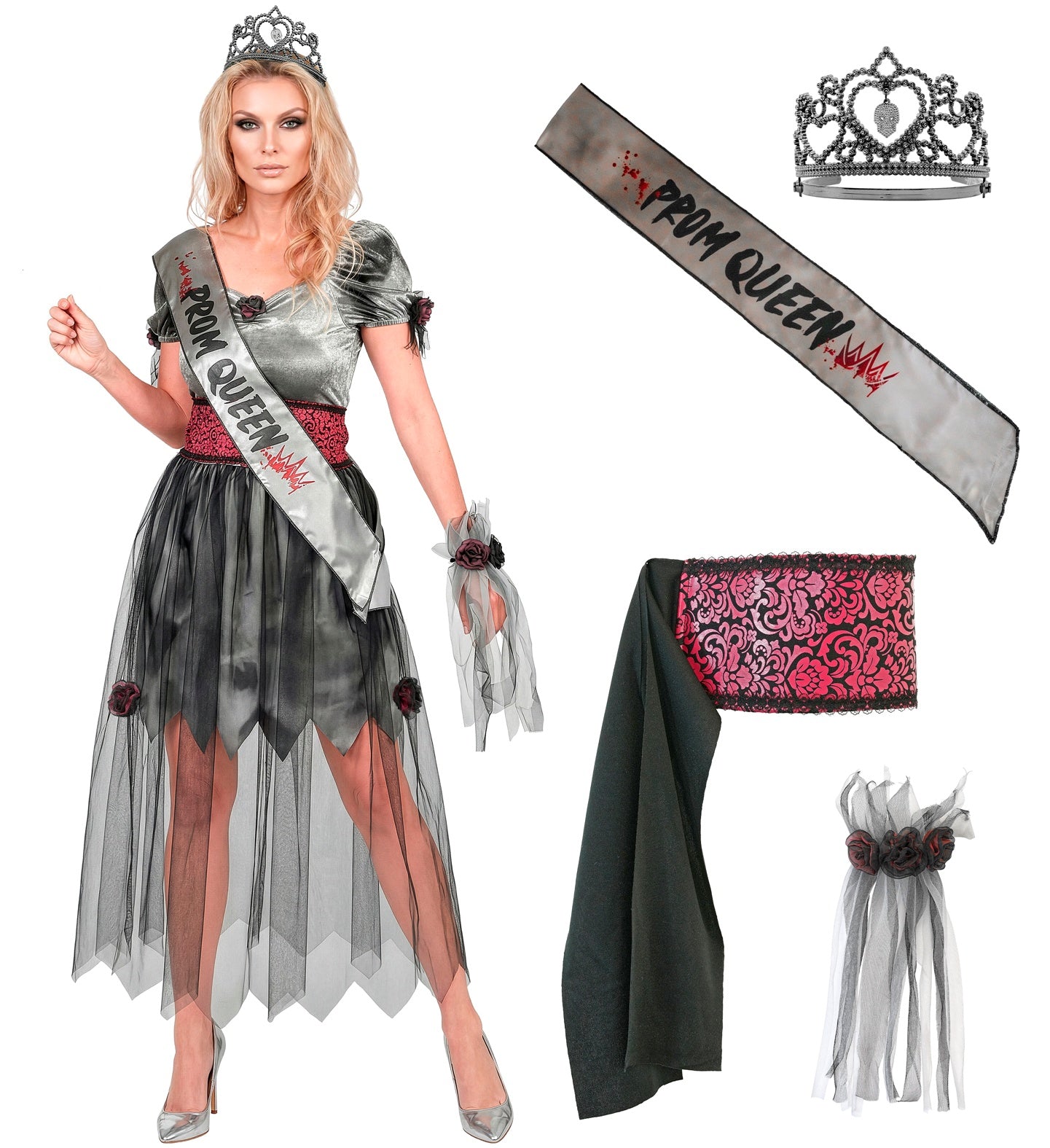 A product layout showing a female model in a zombie prom queen dress alongside isolated views of the included accessories: the bloody grey prom queen sash, the skull tiara, the pink and black damask belt, and the dark rose wrist corsage.