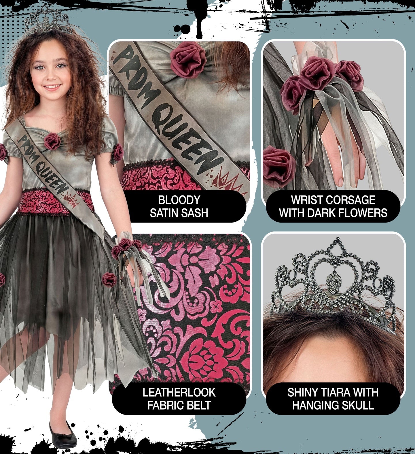 A multi-panel collage highlighting the details of a kids' zombie prom queen costume, showing close-ups of the printed bloody satin sash, the dark floral wrist corsage, the pink and black leather-look fabric belt, and a tiara with a hanging skull jewel.