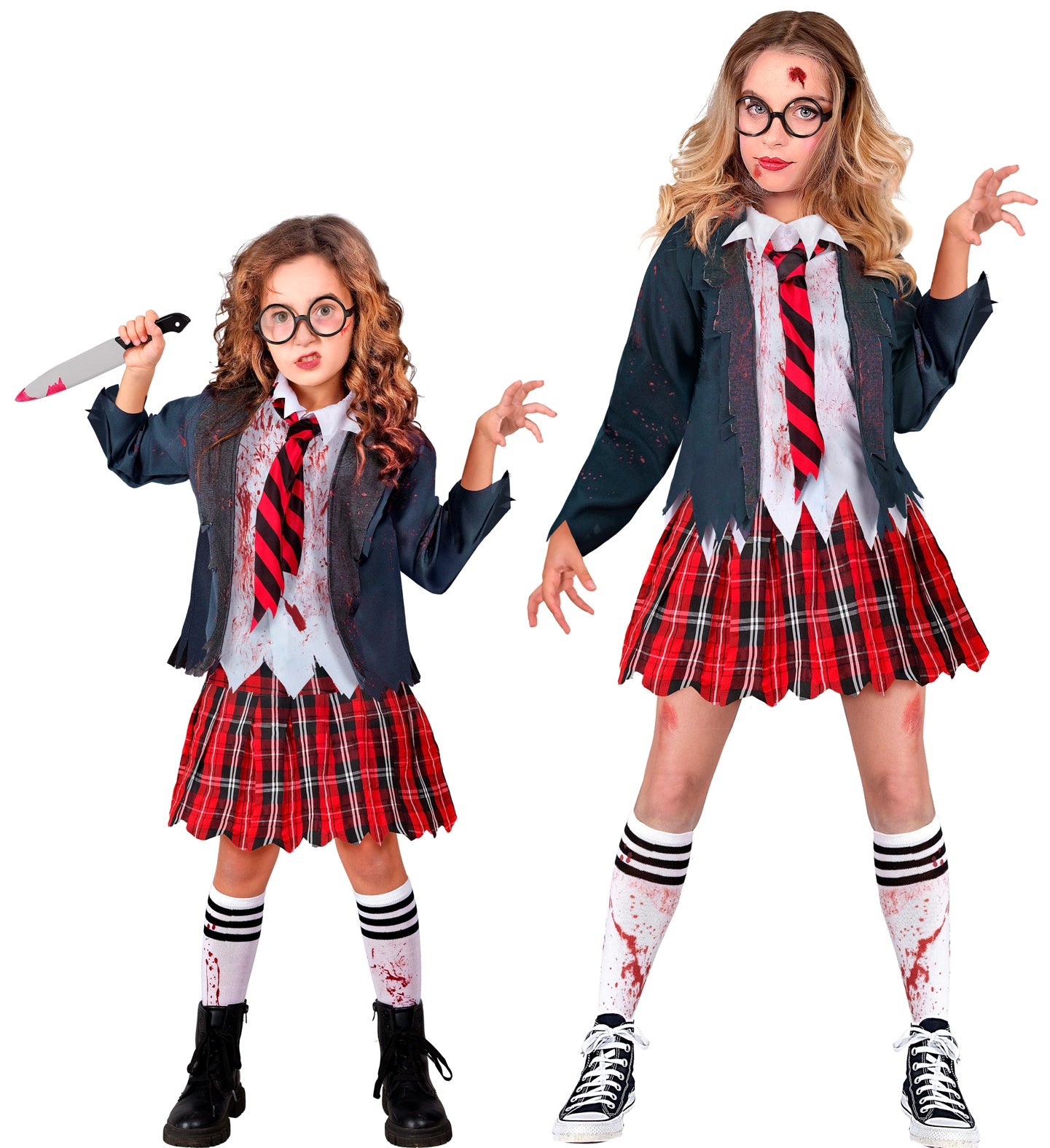 Two girls in matching zombie schoolgirl costumes. Both wear a tattered navy jacket over a blood-splattered shirt, a plaid skirt, and striped knee-high socks. One child holds a toy knife, and both have painted zombie makeup on their faces.