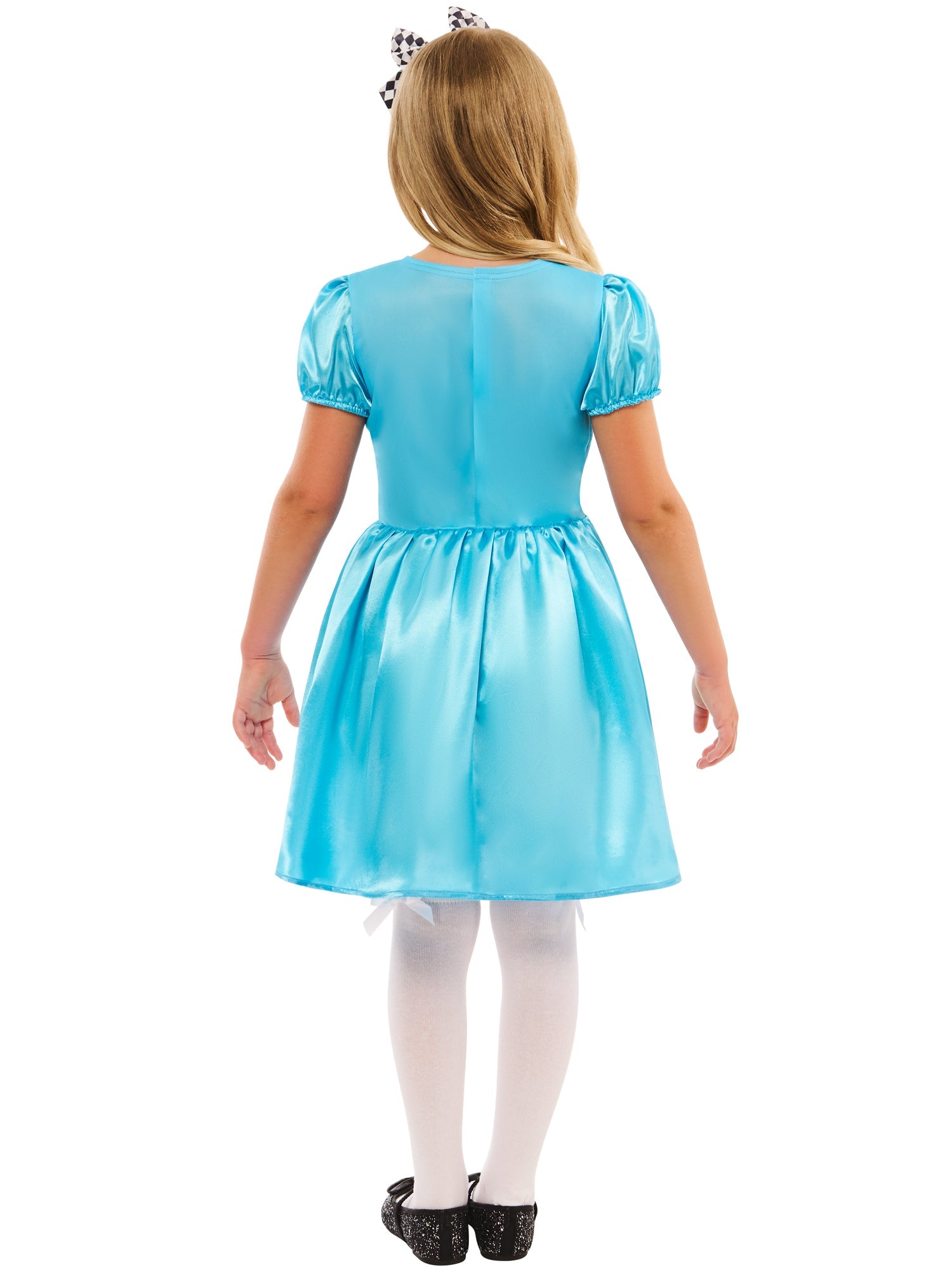 The back of the girls' Alice tea party dress showing the vibrant blue satin fabric and gathered waist.