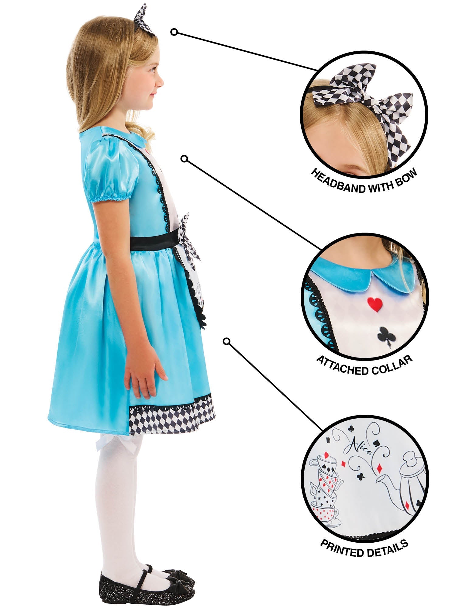 Close-up of the Alice costume apron featuring printed teapots, cups, and playing card symbols with sequin trim.