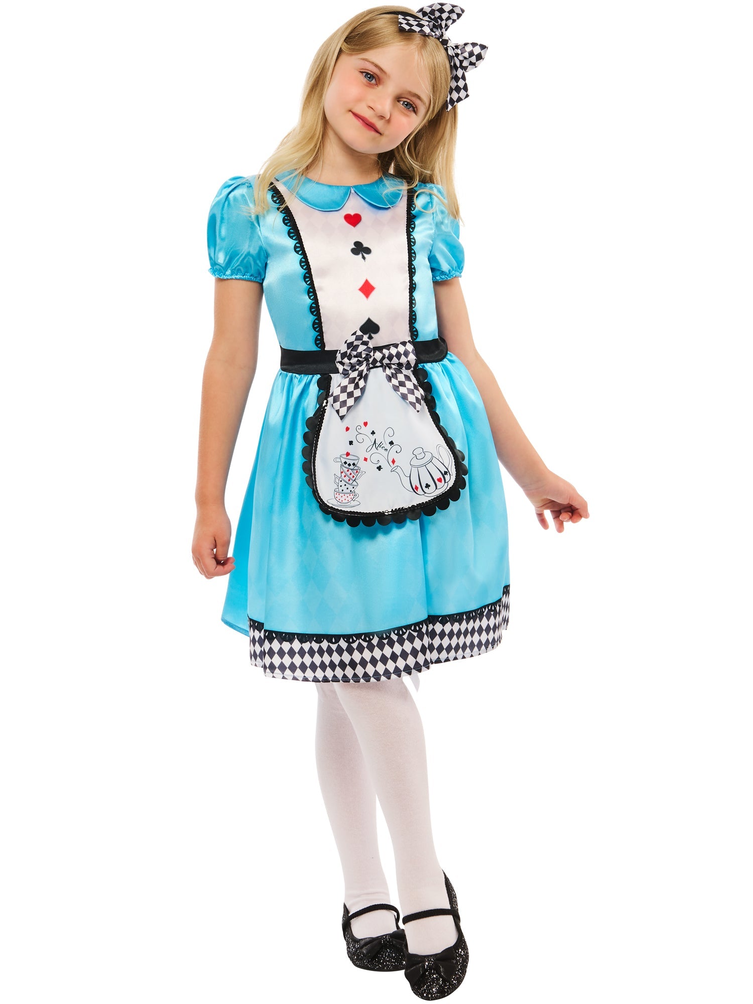 Girl modeling a blue satin Tea Party Alice costume with a teapot-printed apron and checkered hem.