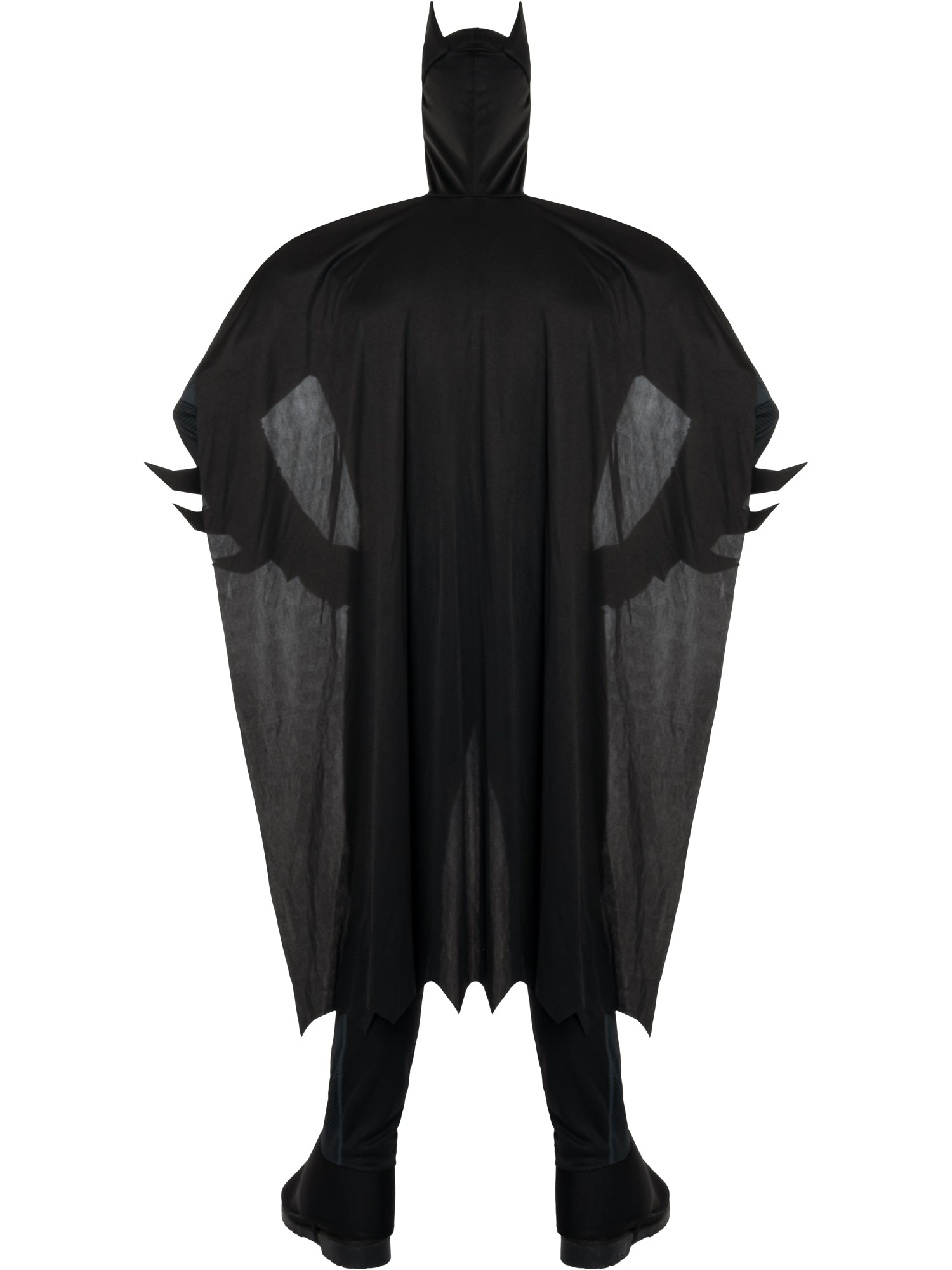 Rear view of the Batman costume showing the full-length black cape with a scalloped bat-wing hem and the pointed bat ears on the mask.