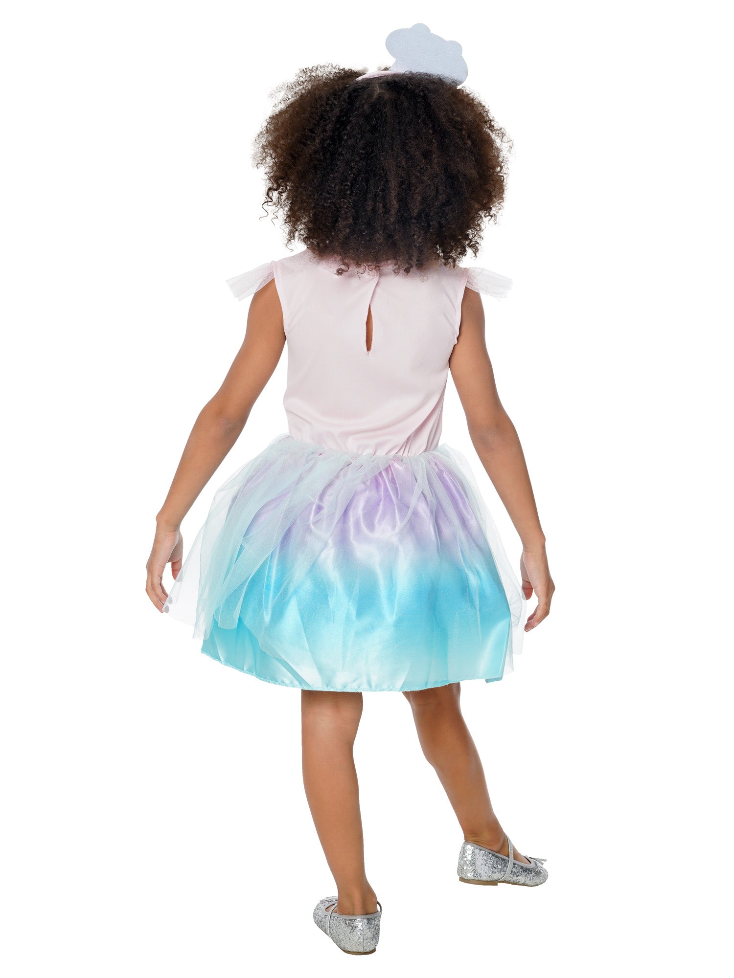 Back view of Child wearing a Officially Licensed Cakey Cat Tutu Dress costume with a white top and colorful skirt on a white background.