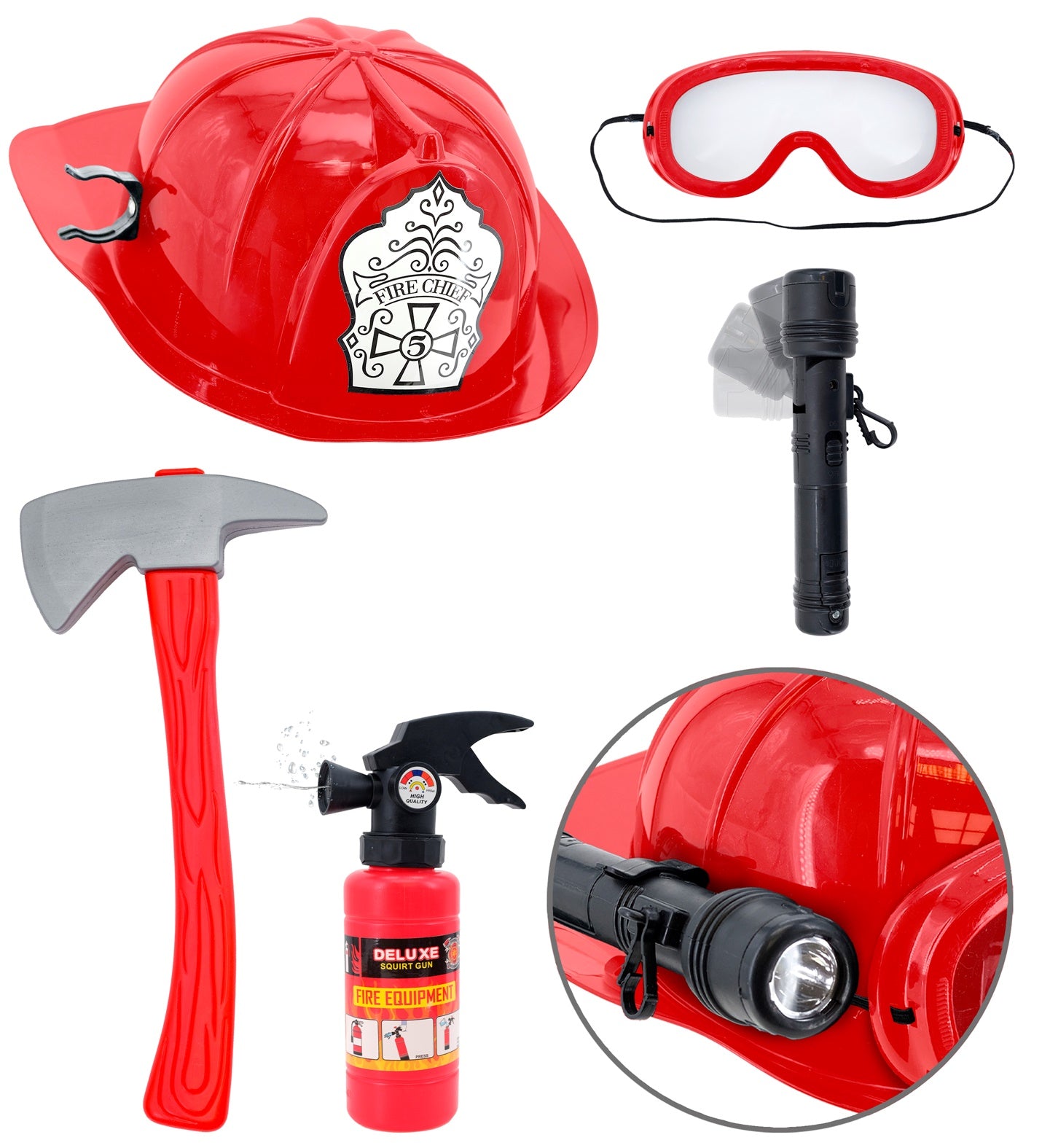 A flat lay display of a child's fireman costume accessories, including a red fire chief helmet, red toy axe, red toy fire extinguisher (squirt gun), clear goggles with a red frame, and a black toy flashlight with an inset showing it attached to the helmet, all arranged on a white background.