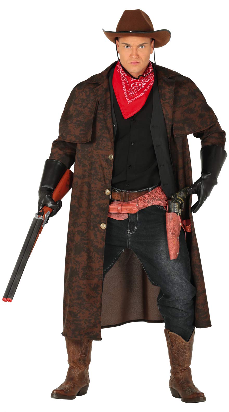 A man posing in a rugged Wild West fancy dress costume, wearing a long, weathered brown cowboy duster jacket with a shoulder cape, styled with a cowboy hat, red bandana, black shirt, and a gun holster belt.