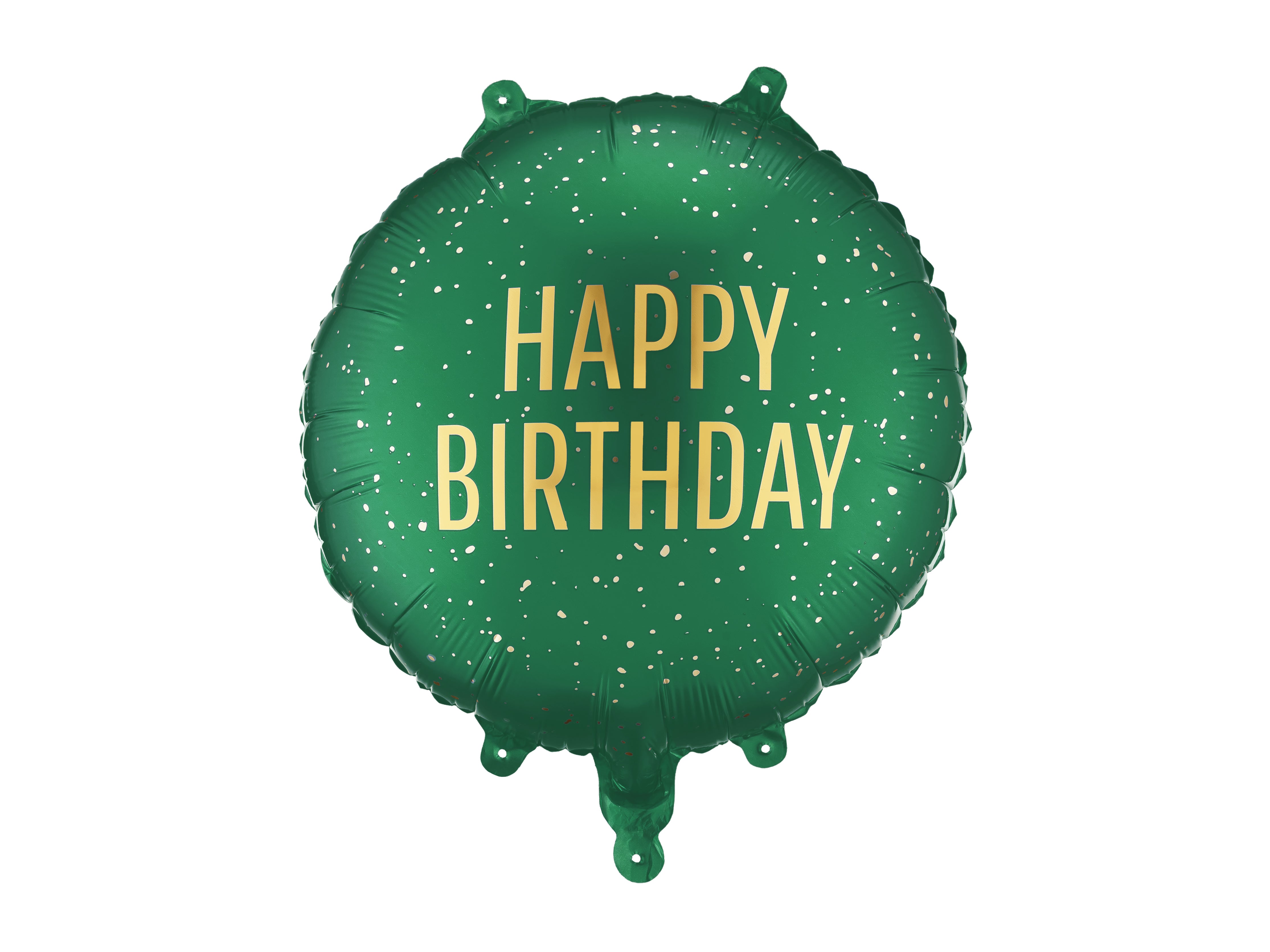 Round dark green foil balloon with golden particles and "Happy Birthday" inscription on a white background.