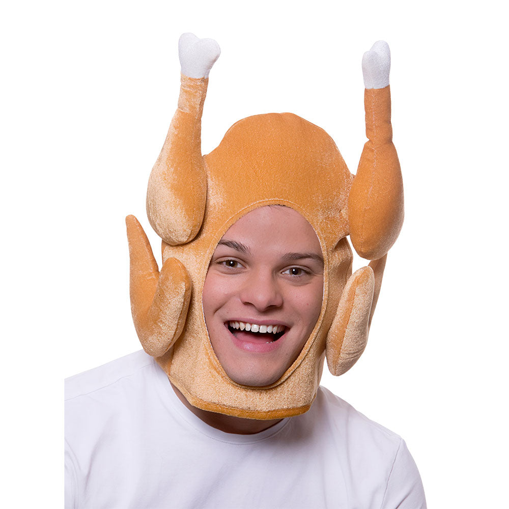 man wearing a funny Turkey Hat with face exposed