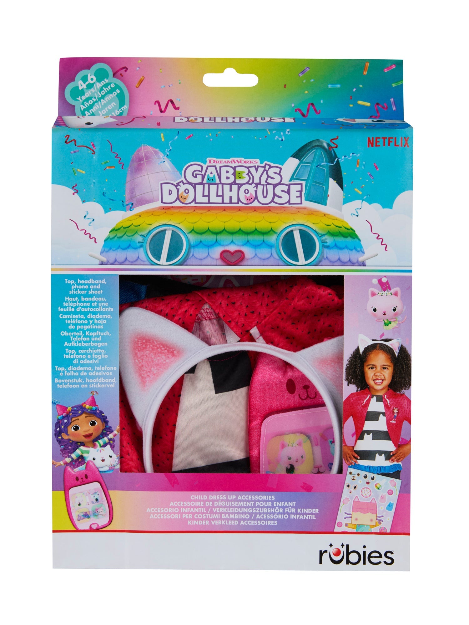 Close-up of the official Gabby's Dollhouse child dress-up accessories box set packaging, showing the pink top, cat-ear headband, and plush toy phone inside.