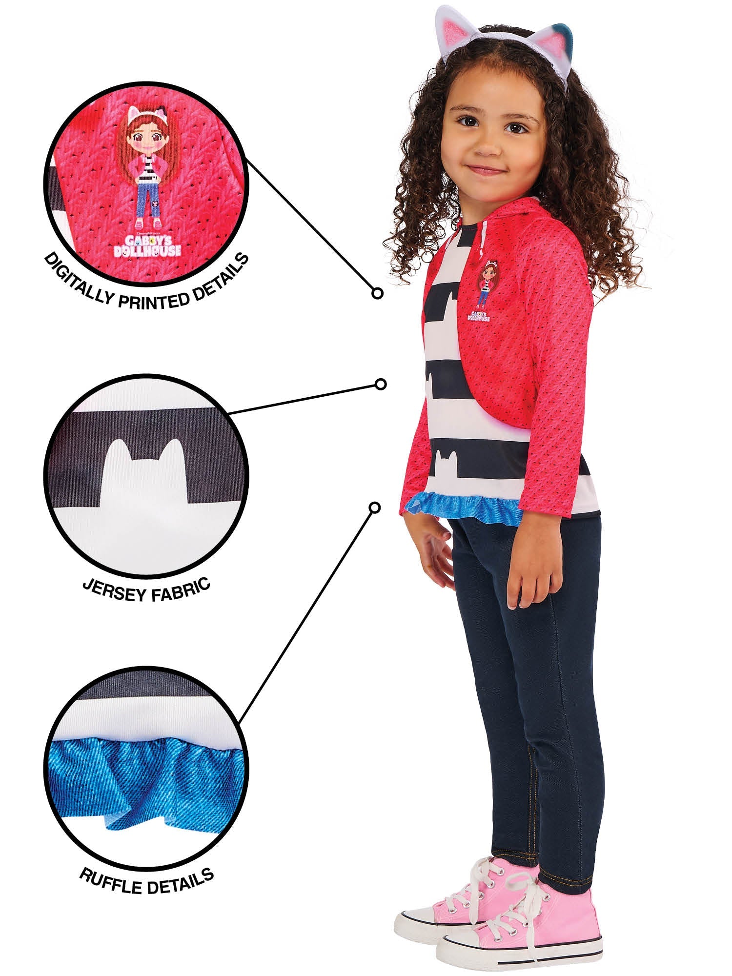 A child modeling the Gabby's Dollhouse costume top and jacket with graphic callout circles highlighting the digitally printed details, comfortable jersey fabric, and blue ruffle hemline.