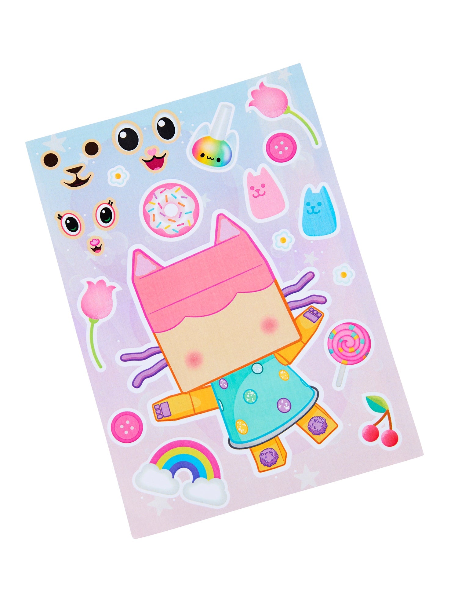 A close-up view of the Gabby's Dollhouse sticker sheet featuring pastel graphics of Cakey Cat, donuts, rainbows, and other cute dollhouse icons.
