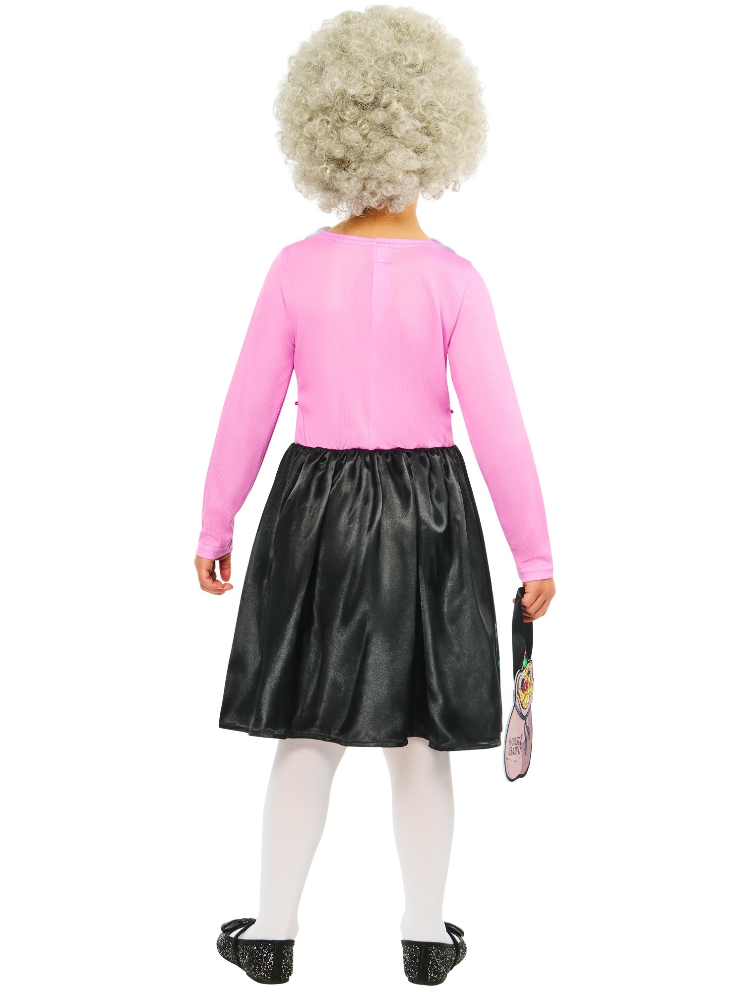 The back of the Gangsta Granny costume showing the pink faux cardigan top and black satin-look skirt.