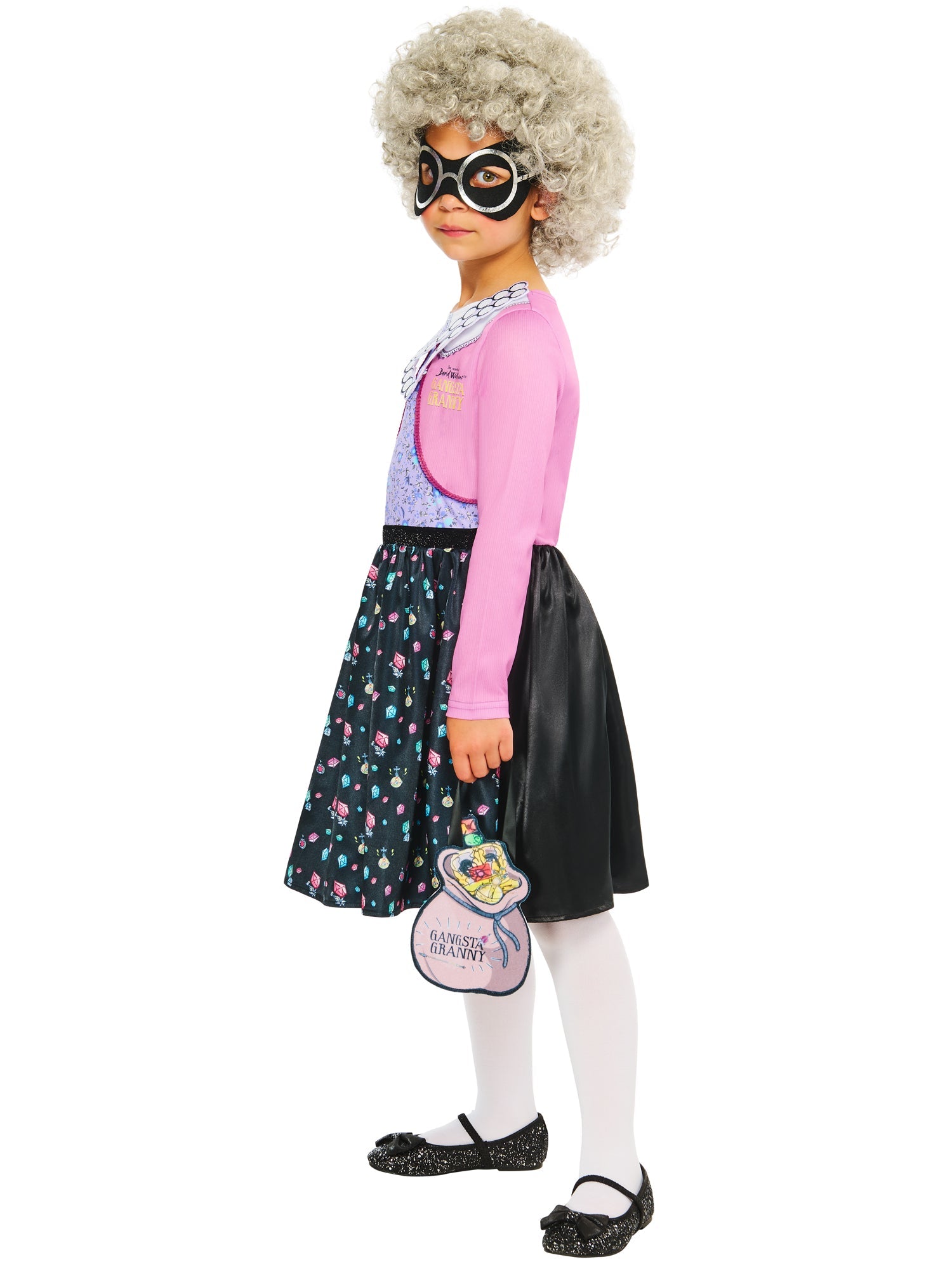 Little girl posing in a Gangsta Granny burglar costume holding a jewel bag accessory and wearing a black eye mask